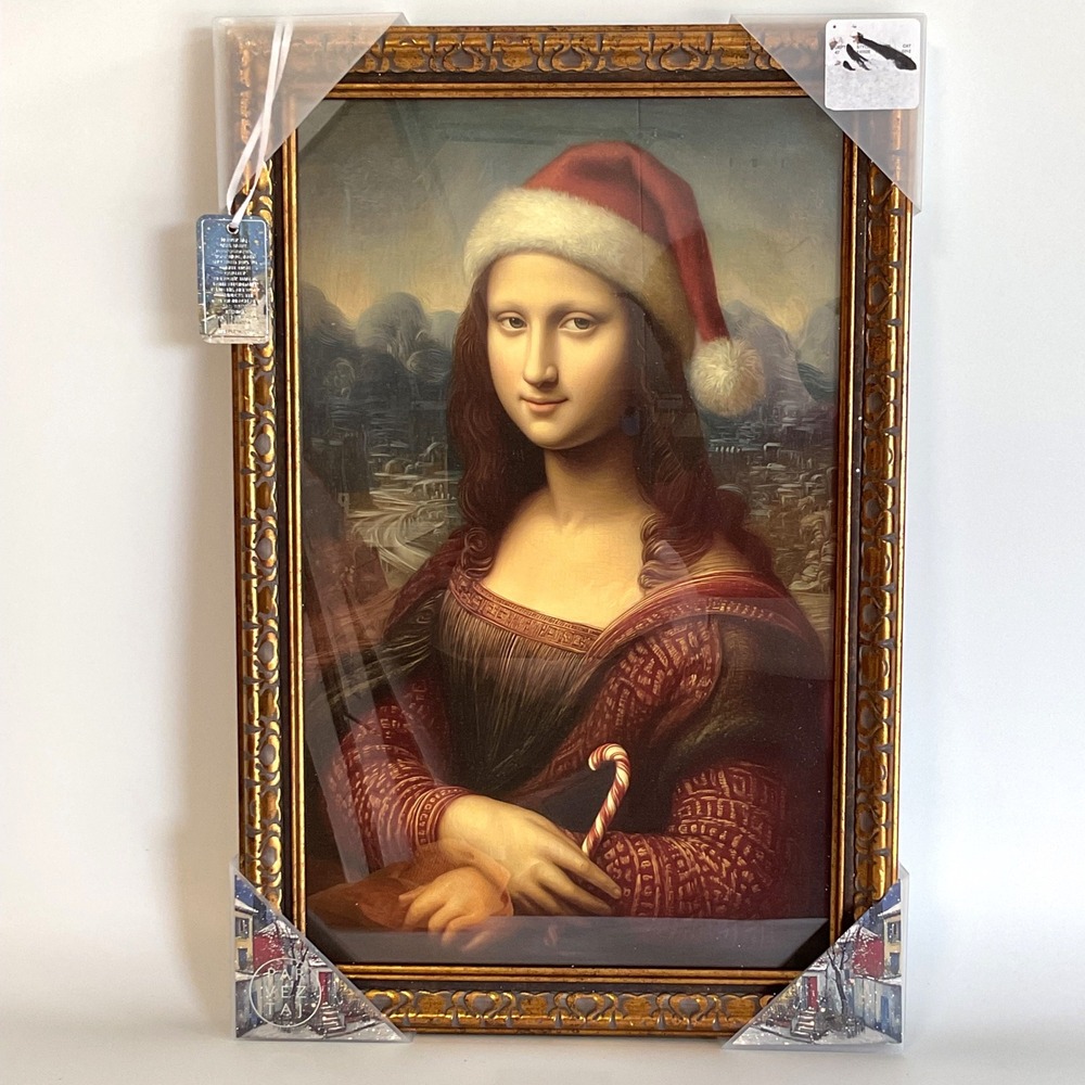 Parvez Taj Mona Lisa Christmas Santa Hat Candy Cane Framed Art Gold 12x18